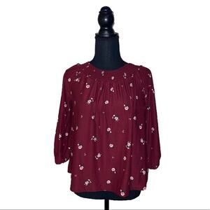 Old Navy Top Floral Burgundy Blouse Smocked Elastic Neckline Soft Knit Women’s L